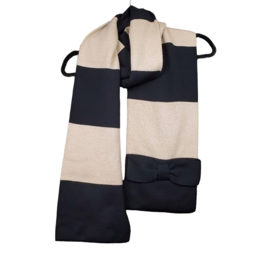 Kate Spade Black Tan Sawyer Lane Stripe Bow Wool Knit Scarf Size OS